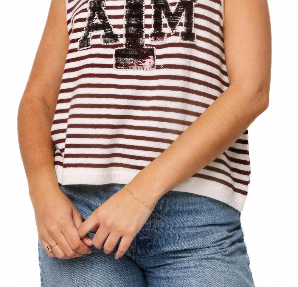 NEW QUEEN OF SPARKLES texas a and m stripe knit tank top in burgundy white